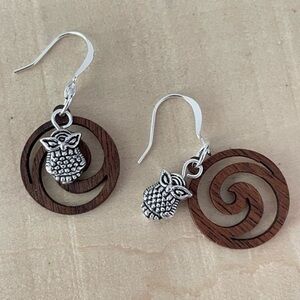 2/$29 Handmade Small Owl & Wood Spiral Earrings 1.5” Boho Nature